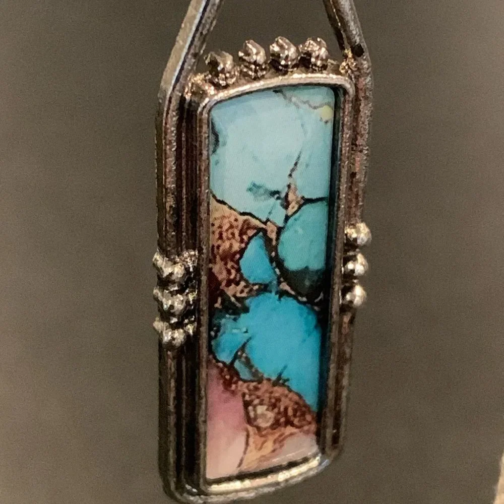 Western Marbled Kingman Style Rectangle Drop Earrings - Turquoise and Brown Colo